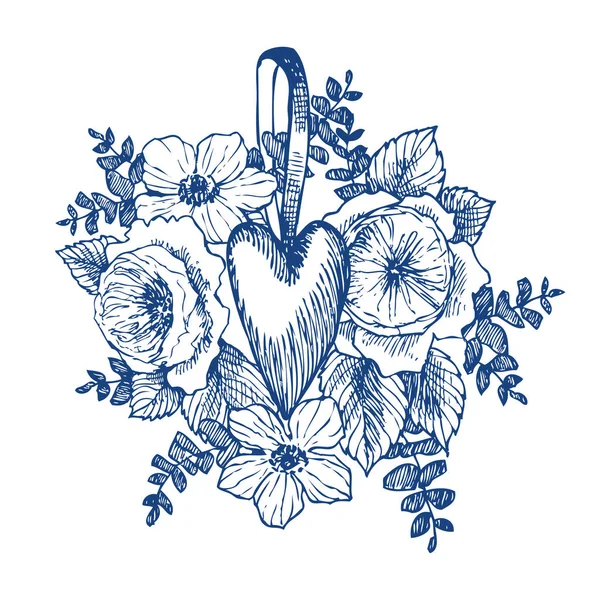 Floral vector design frame met groot hart. Lineaire rozen, eucalyptus, bessen, bladeren. Hand getekende bruiloft kaart. Valentines Day concept. Begrip van de liefde — Stockvector