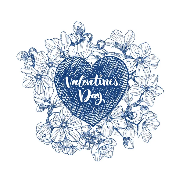 Floral vector design frame met groot hart. Lineaire cherry bloemen en bladeren. Hand getekende bruiloft kaart. Valentines Day concept. Begrip van de liefde — Stockvector