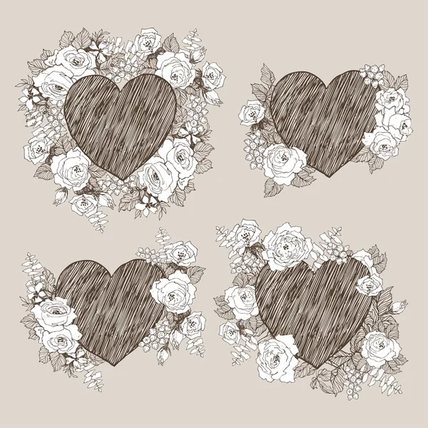 Set of floral vector design frame with big heart. Linear roses, eucalyptus, berries, leaves witn white silhouette. Hand drawn wedding card. Valentines Day concept. Love concept — Stock Vector