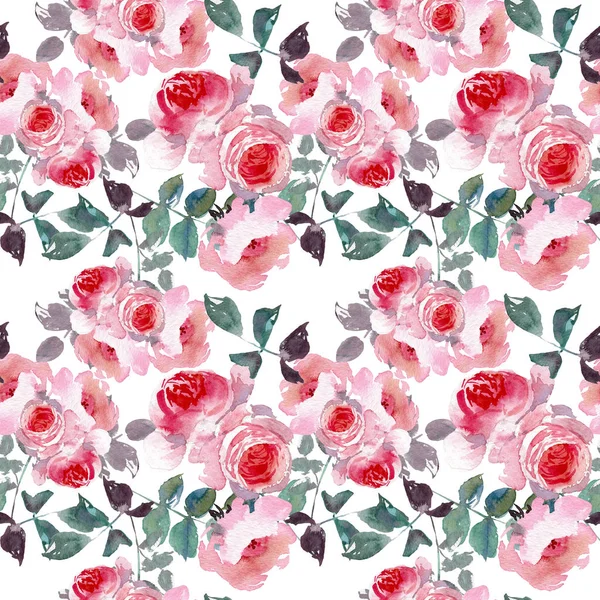 Χωρίς ραφή πρότυπο άγρια ροζ τριαντάφυλλα λουλουδιών και πράσινα φύλλα. Ακουαρέλα floral εικονογράφηση. Βοτανική διακοσμητικό στοιχείο. Έννοια των λουλουδιών. Botanica έννοια. — Φωτογραφία Αρχείου