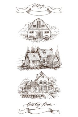 Dizi kırsal manzara eski çiftlik evi ve Bahçesi. Vintage tarzı çizilmiş çizimde ver. Bir köy ve yazıt kır evi Retro bantla. Vektör tasarımı