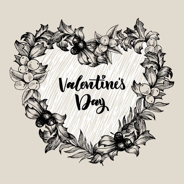큰 마음으로 꽃의 벡터 디자인 프레임입니다. 선형 장미, 유 칼 리 나무, 열매, 나뭇잎입니다. 손으로 그린된 웨딩 카드입니다. 발렌타인 데이 개념입니다. 사랑 개념 — 스톡 벡터