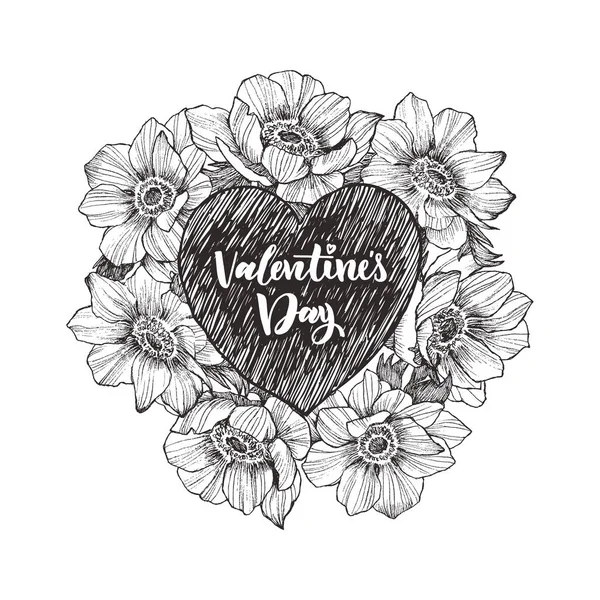 Floral vector design frame met groot hart. Lineaire anemone. Hand getekende bruiloft kaart. Valentines Day concept. Begrip van de liefde — Stockvector