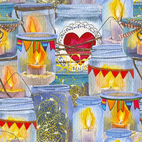 Бесшовный рисунок с симпатичной стеклянной банкой со свечой. Сердца, свечи, флажки. Идеально подходит для украшения Дня Святого Валентина. Рисунок акварелью . — стоковое фото
