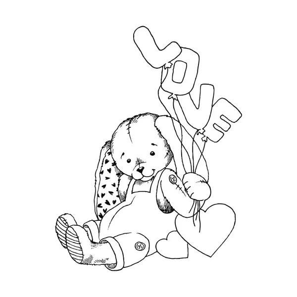 Тедди кролика игрушка с сердцами и любовь слово шарики в лапа раскраски книги векторной иллюстрации. Люблю твою надпись. Концепция Дня Святого Валентина. Концепция любви. Ручная иллюстрация для детского дизайна — стоковый вектор