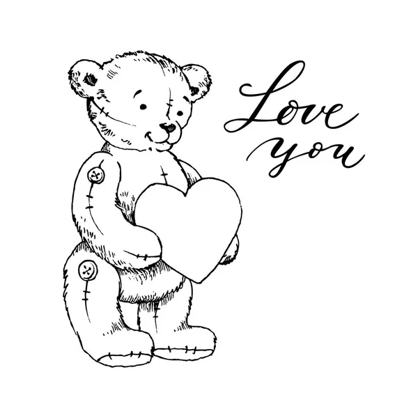 Teddy bear speelgoed met hart boek vectorillustratie kleuren. Hou van je inschrijving. Valentines Day Concept. Begrip van de liefde. Hand getekend illustratie voor kinderen ontwerp, uitnodiging voor verjaardagsfeestje — Stockvector
