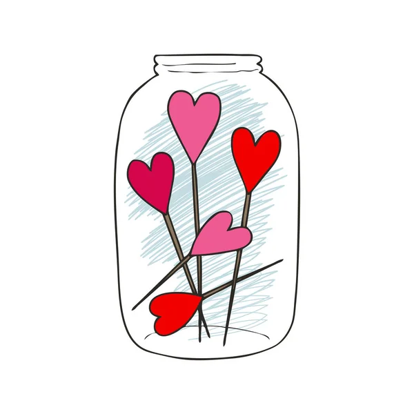 Ilustração vetor desenhado à mão de um frasco de pedreiro com corações vermelhos, casamento e romance ilustração conceito isolado no fundo branco. Conceito de amor. Conceito do Dia dos Namorados —  Vetores de Stock