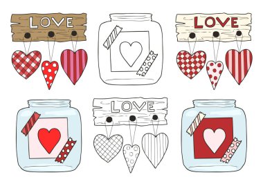 Hand drawn vector illustration of a mason jar with heart and wooden plate with inscription Love, wedding and romance concept illustration isolated on white background. Love concept. Valentines Day