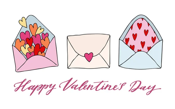 Set van drie doodle tekening. Liefdesbrief met hart. Happy Valentine s dag inscriptie. Sjabloon voorliefde kaarten en uitnodigingen. Geïsoleerd op witte achtergrond. Hand getekende vector illustratie. — Stockvector