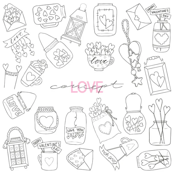 Stor uppsättning handritade vektor illustration av en Mason jar, kärleksbrev, topper, påse, mugg, dekorativ leksak, lykta med hjärtan och inskriptioner älskar dig, ljus, bröllop och romantik koncept — Stock vektor