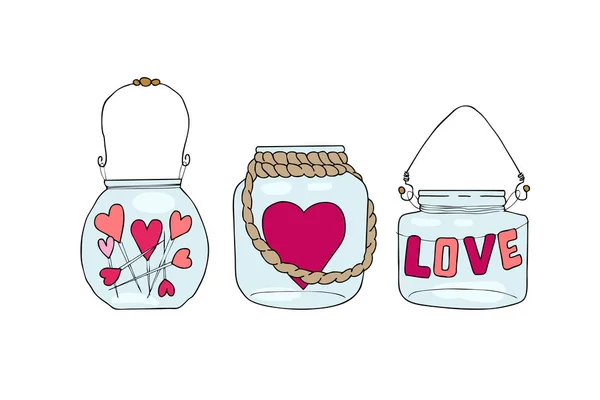 心と碑文で石工の jar ファイルのベクトル イラストを手描きのセット、キャンドル、結婚式、白い背景で隔離のロマンス概念図が大好きです。愛の概念。バレンタインの日 — ストックベクタ