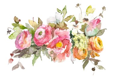 Watercolor illustration vintage bouquet of flowers poppy, ranunculus, beeries. Hand drawn spring illustration isolated on white background. For invitation, print, wedding clipart