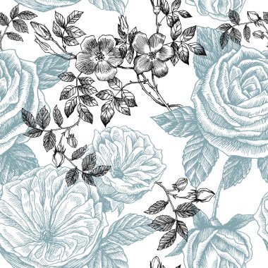 Yaban gülü çiçeği şube seamless modeli. Vintage botanik çizilmiş şekil ver. Bahar çiçekleri bahçe gül, köpek gül. Vektör tasarımı. Tebrik kartları, düğün davetiyeleri, desenler için kullanabilirsiniz