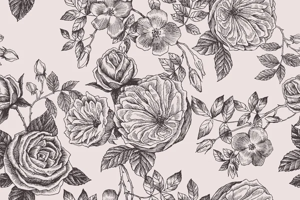 야생 장미 꽃 지점 완벽 한 패턴입니다. 빈티지 식물 손으로 그려진된 그림. 봄 정원 장미, 개 장미 꽃입니다. 벡터 디자인입니다. 인사말 카드, 청첩장, 패턴에 대 한 사용할 수 있습니다. — 스톡 벡터