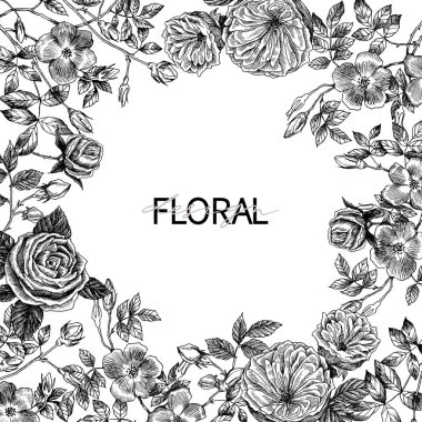 Bahçe ihale İngilizce Güller çerçevesi. Vintage botanik çizilmiş şekil ver. Metin için yer bahar çiçekleri çevresinde. Kır çiçekleri seamless modeli ile şube çerçeve çiçek. Vintage botanik el