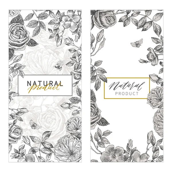 Ensemble de cartes florales vintage. Cadre avec des fleurs gravées. Illustration botanique avec des roses, bourdons et autres fleurs. Style graphique rétro. Peut être utilisé pour les produits naturels écologiques, cosmétiques à base de plantes et — Image vectorielle