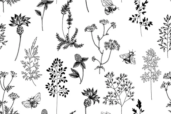 Fiori selvatici fioriscono ramo modello senza soluzione di continuità. Illustrazione botanica vintage disegnata a mano. Primavera fiori a base di erbe con diverse piante d'epoca giardino e foresta. Design vettoriale. Può essere utilizzato per il saluto — Vettoriale Stock