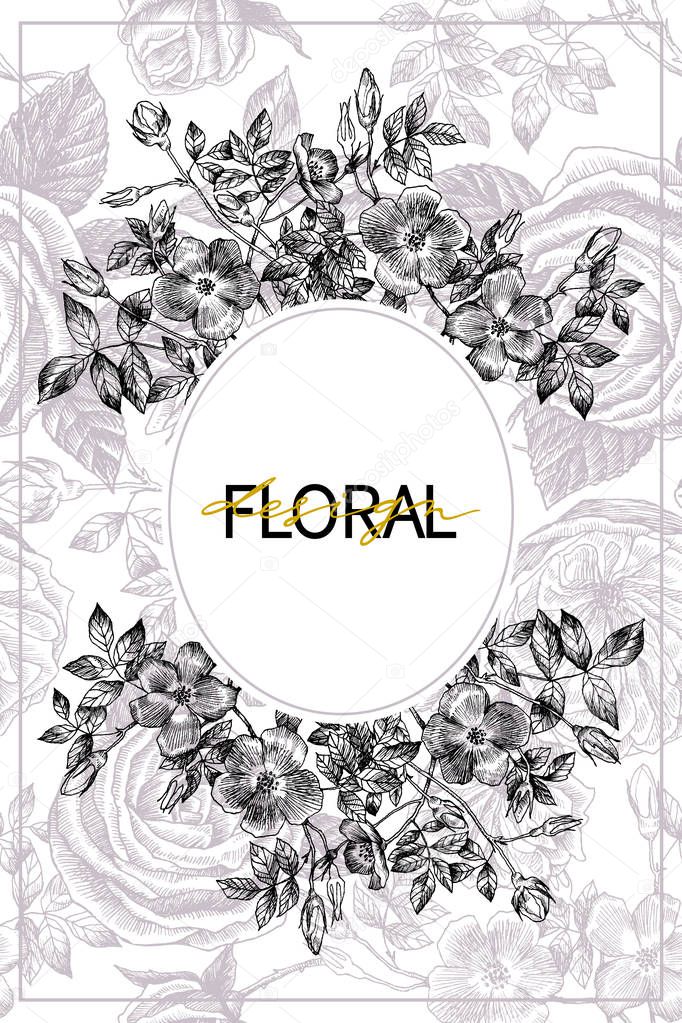 Vintage flowers blossom frame with seamless background. Engraved botanical hand drawn illustration. Vector design. Can use for greeting cards, wedding invitations, patterns for eco product, cosmetics.