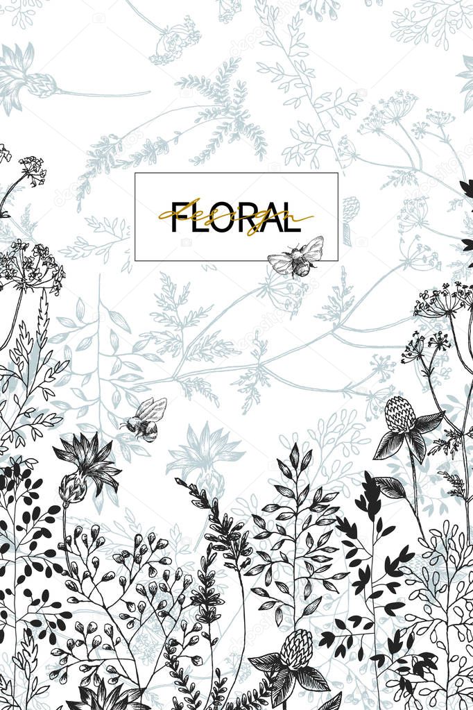 Wild flowers blossom branch border with seamless pattern. Vintage botanical hand drawn illustration. Spring herbal flowers with different plants of vintage garden and forest. Vector design. Can use