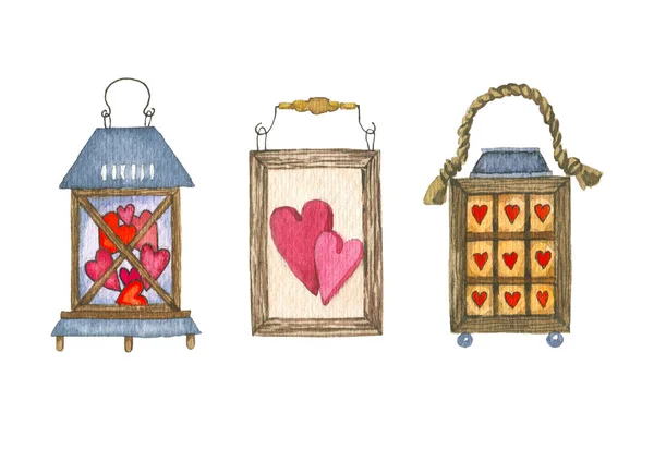 Set van de Hand getekende chinese lantern met een hart geïsoleerd op een witte achtergrond. Schattig aquarel lantaarn voor Valentijnsdag uitnodiging en andere design. Begrip van de liefde. Romantische sfeer — Stockfoto