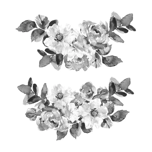复古花花束设置过白色的背景。婚礼花束。花收集水彩画详细手绘玫瑰. — 图库照片