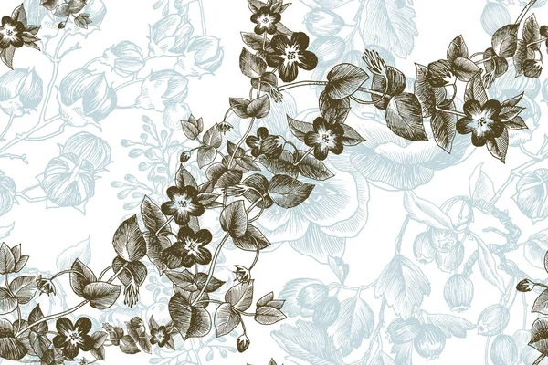 Fiori selvatici fioriscono ramo modello senza soluzione di continuità. Illustrazione botanica vintage disegnata a mano. Design vettoriale. Può utilizzare per biglietti di auguri, inviti di nozze, modelli per prodotti ecologici, cosmetici . — Vettoriale Stock