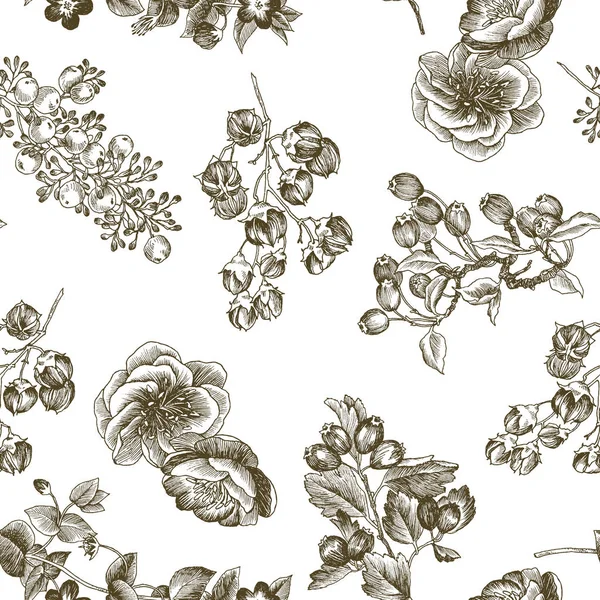 Wilde bloemen bloesem tak naadloze patroon. Vintage botanische hand getekende illustratie. Vector design. Kunt gebruiken voor wenskaarten, bruiloft uitnodigingen, patronen voor eco product, cosmetica. — Stockvector