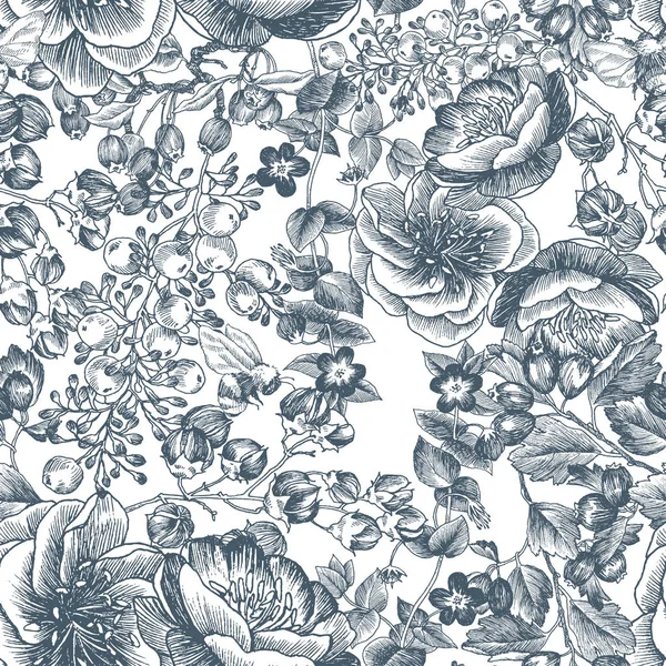 Fiori selvatici fioriscono ramo modello senza soluzione di continuità. Illustrazione botanica vintage disegnata a mano. Design vettoriale. Può utilizzare per biglietti di auguri, inviti di nozze, modelli per prodotti ecologici, cosmetici . — Vettoriale Stock