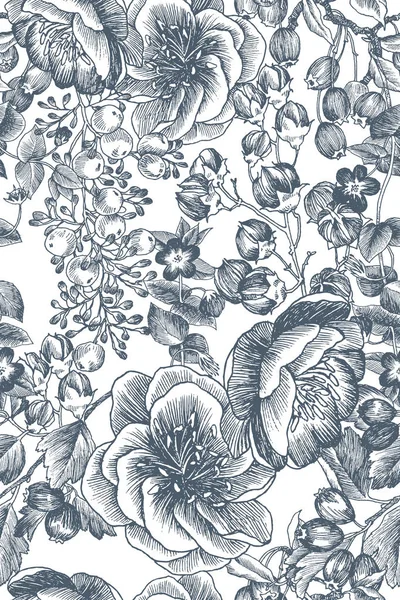 Vilda blommor blomma gren sömlösa mönster. Vintage botaniska handen ritade illustration. Vektor design. Kan använda för gratulationskort, bröllopinbjudningar, mönster för eco produkt, kosmetika. — Stock vektor