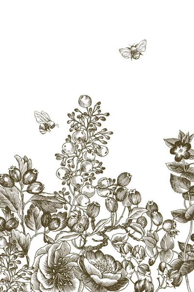 Flores silvestres florecen ramo fondo. Ilustración botánica vintage dibujada a mano. Diseño vectorial. Puede utilizar para tarjetas de felicitación, invitaciones de boda, patrones para productos ecológicos, cosméticos . — Vector de stock
