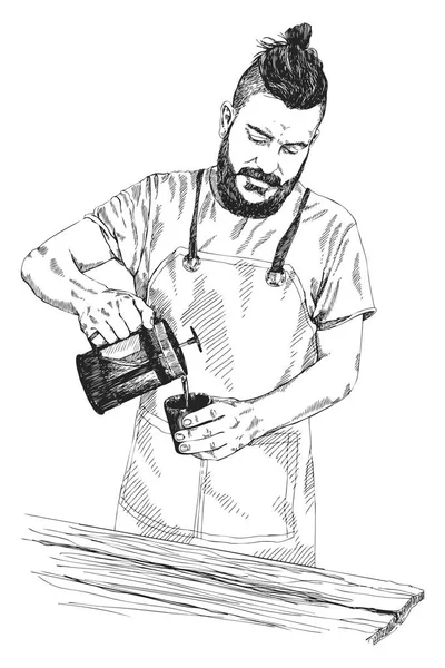 Young barista man in apron with a beard holds a coffee press and pours coffee in a mug. Vector illustration in pencil style. High details sketch. Coffee concept. Restaurant concept. — Stock Vector