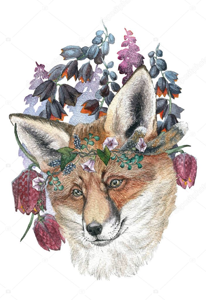 Beautiful fox in a wreath of wild flowers. Watercolor illustration for greeting card, poster, or print on clothes. Fashion Style. Hipster