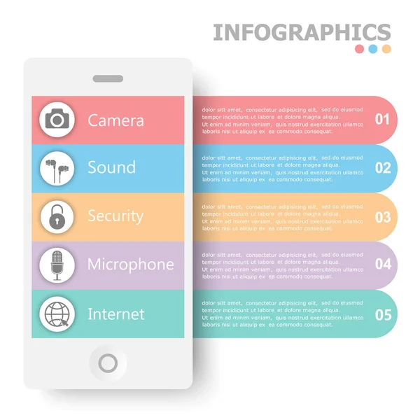 Smartphone Infographics. Vektör. Beş adımları, parçalar veya işlemlerin iş kavramı.