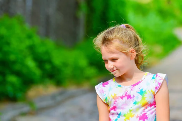 Joyful Little Girl Standing Street Green Plants — Stock Photo, Image