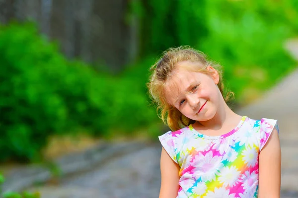 Joyful Little Girl Standing Street Green Plants — Stock Photo, Image