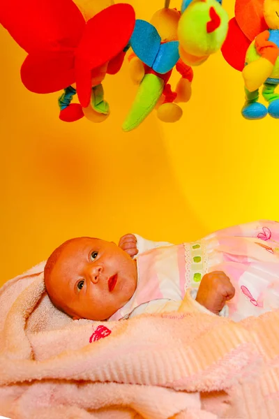 A small child looks at the hanging toys on a yellow background