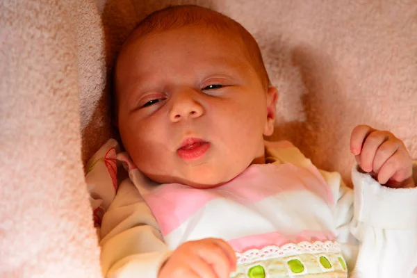 Newborn Baby Lying Pink Lullaby Yellow Background Children Toys — Stock Photo, Image