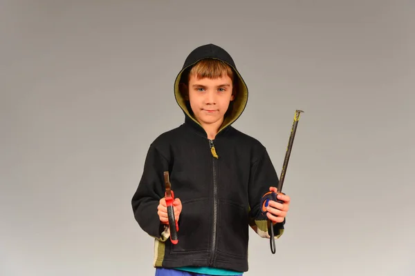 Boy Hood Holds Pliers Assemblies Tape Measure His Hands — Stock Photo, Image