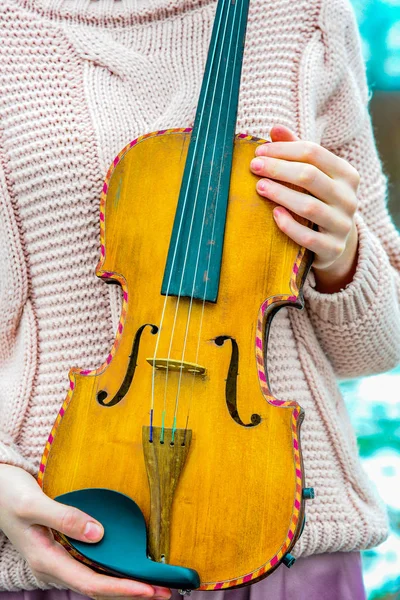 Menina Segura Violino Suas Mãos — Fotografia de Stock