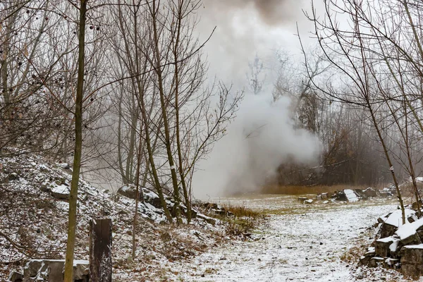 The explosion of anti-tank mines at the site, the smoke in the woods.
