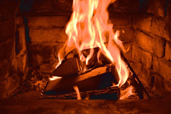 Lenha Queimando Fogo Queima Lareira Forno Tijolo Calor Calor Dos — Fotografia de Stock