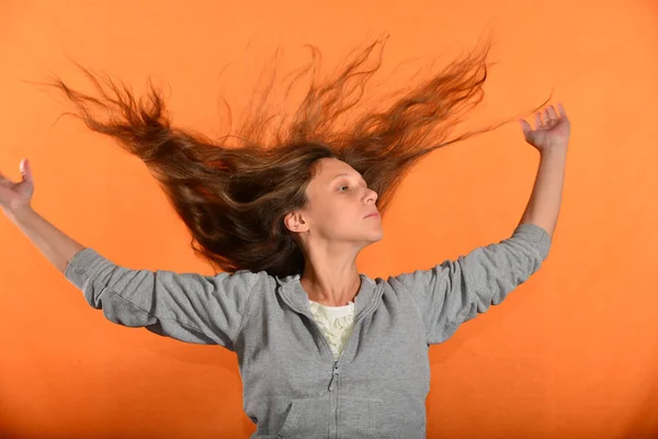 Beautiful Young Girl Throws Hair Holds Hands Sides Concept Freedom — Stock Photo, Image
