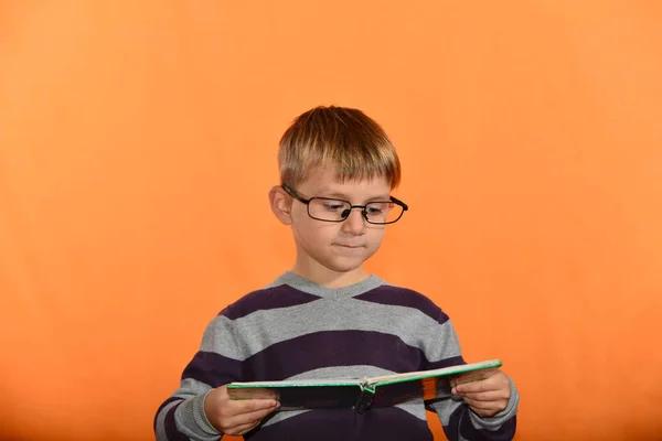 Podobizna Chlapce Brýlích Knihou Ruce Veselý Školák Žlutém Podkladu — Stock fotografie
