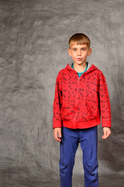 Chłopiec Czerwonym Swetrze Niebieskie Spodnie Stoi Studio Szarym Tle — Zdjęcie stockowe