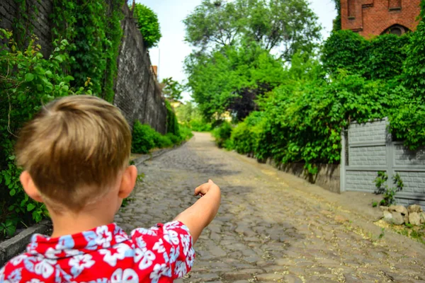 Niño Señala Dirección Con Mano Camino Desconocido Por Delante Niño —  Fotos de Stock