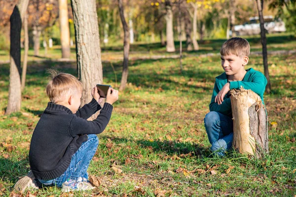 Arkadaş Kardeş Parkta Telefonda Güneşli Bir Günde Fotoğraflandı — Stok fotoğraf