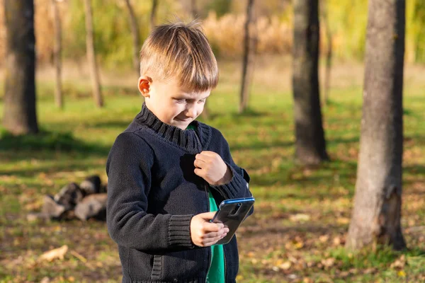 在一个阳光明媚的日子里 小男孩看着公园里的智能手机 — 图库照片