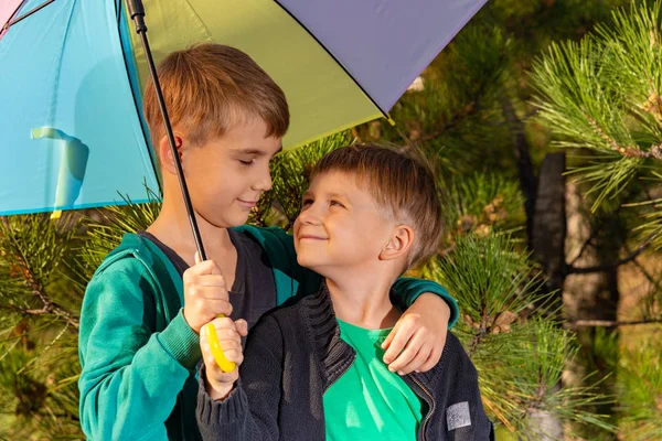 Kardeş Bir Kucaklama Parlak Bir Çok Renkli Şemsiyesi Altında Durmak — Stok fotoğraf