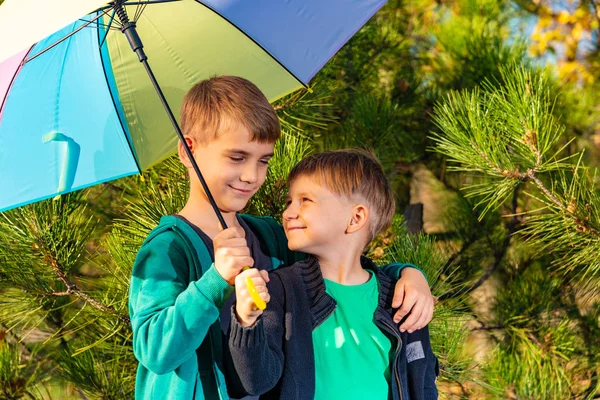 Kardeş Bir Kucaklama Parlak Bir Çok Renkli Şemsiyesi Altında Durmak — Stok fotoğraf