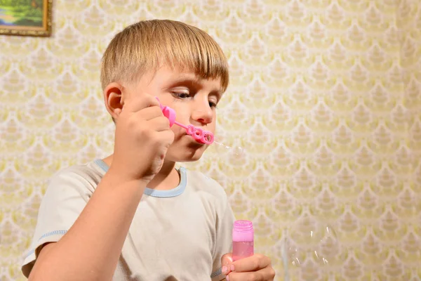 Boy Blows Soap Bubbles Close — Stock Photo, Image